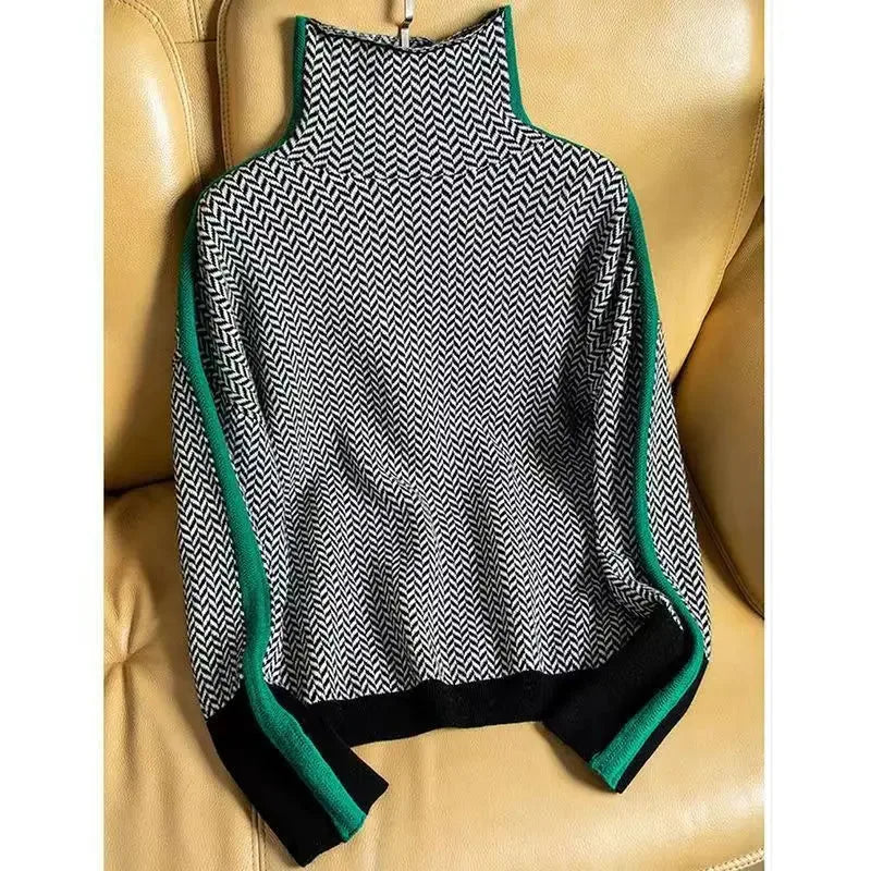 Women's knit roll neck sweater with contrast stripes