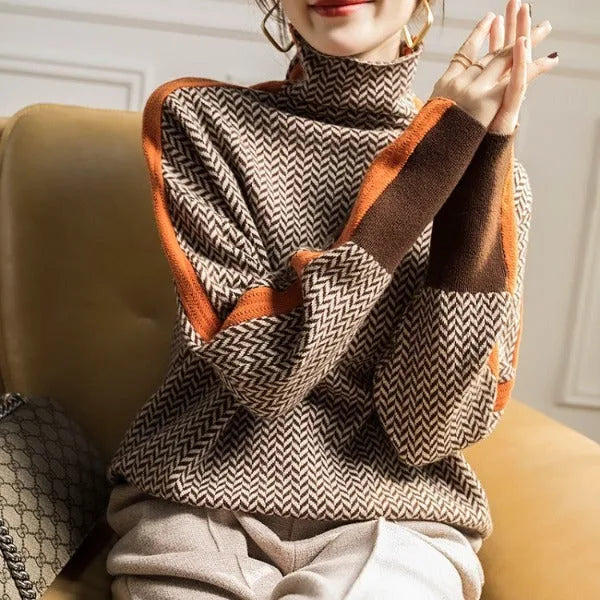 Women's knit roll neck sweater with contrast stripes