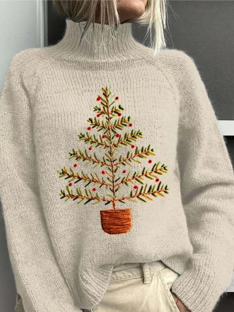 Women's knit roll neck sweater with embroidered christmas tree