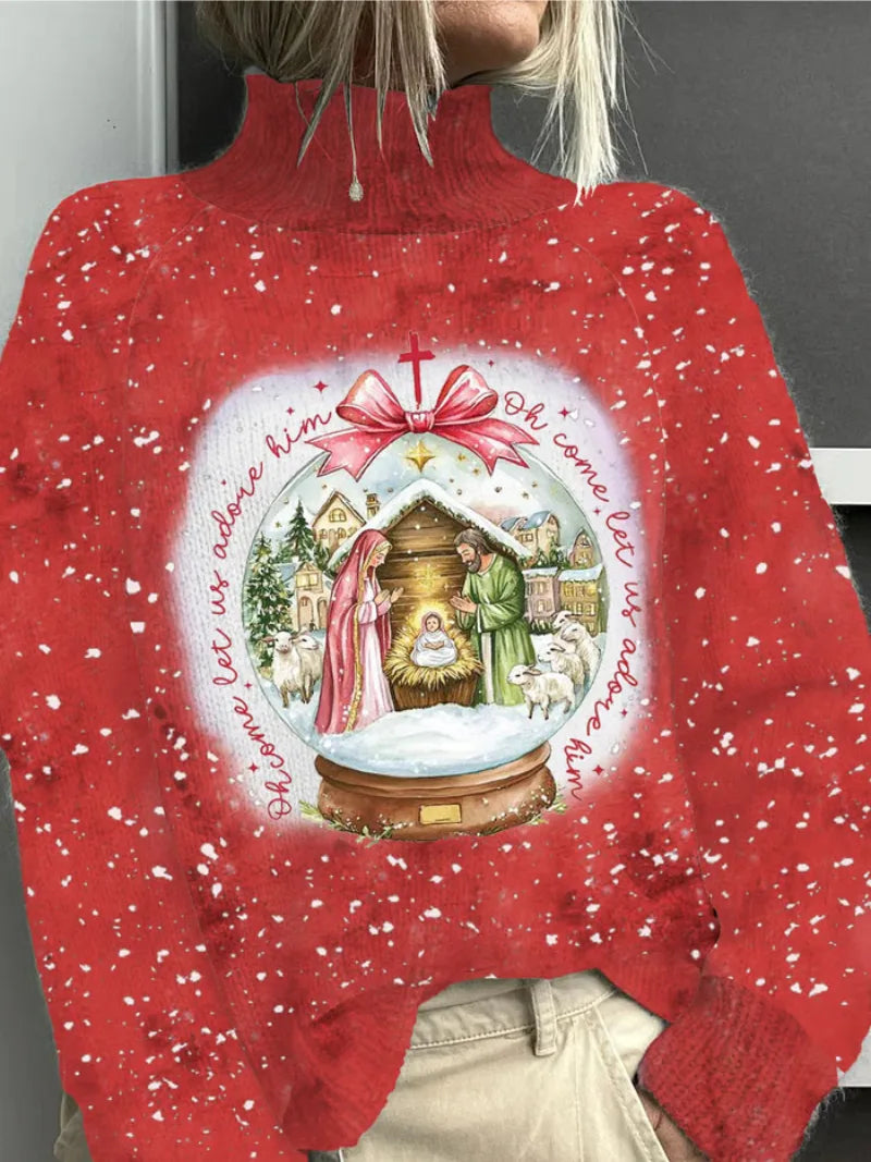 Women's knit roll neck sweater with nativity snow globe graphic