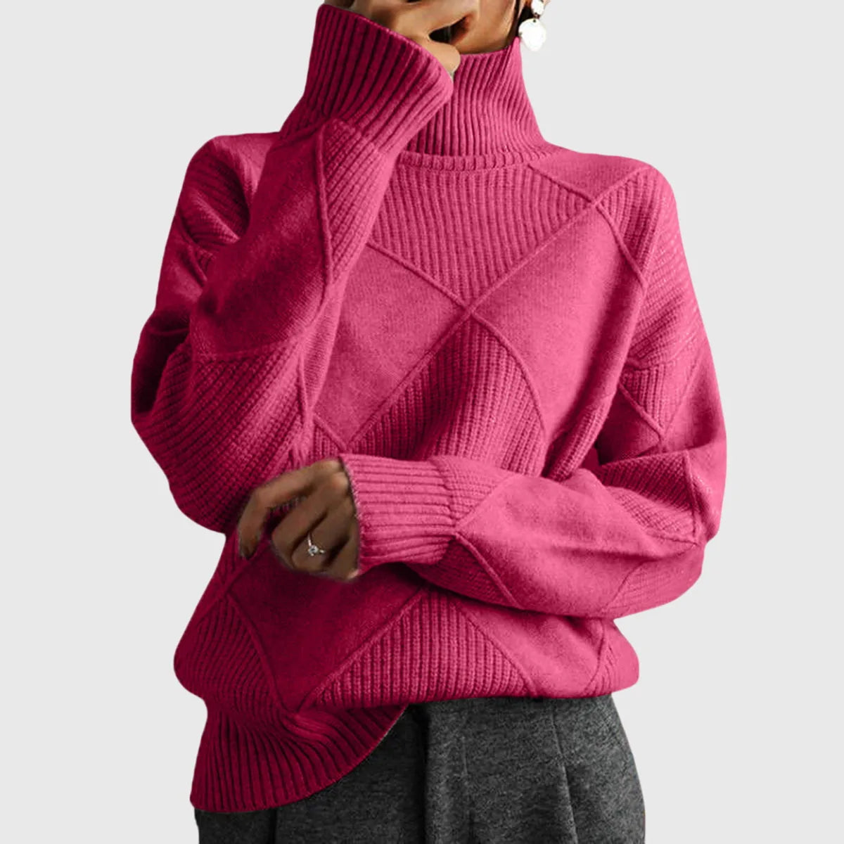 Women's knit roll neck sweater with textured diamond