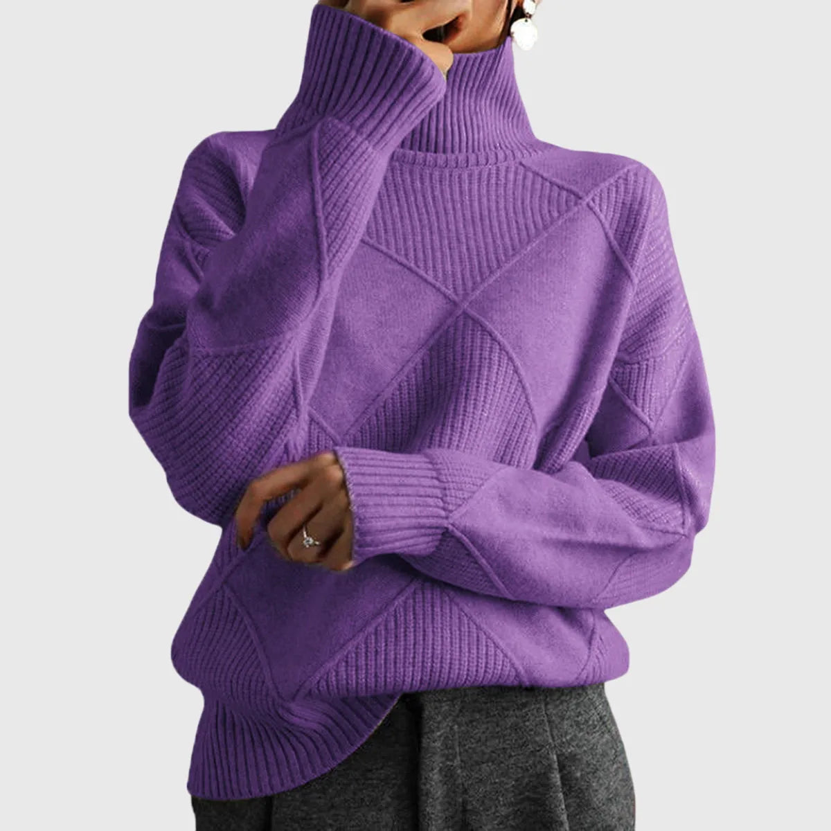 Women's knit roll neck sweater with textured diamond