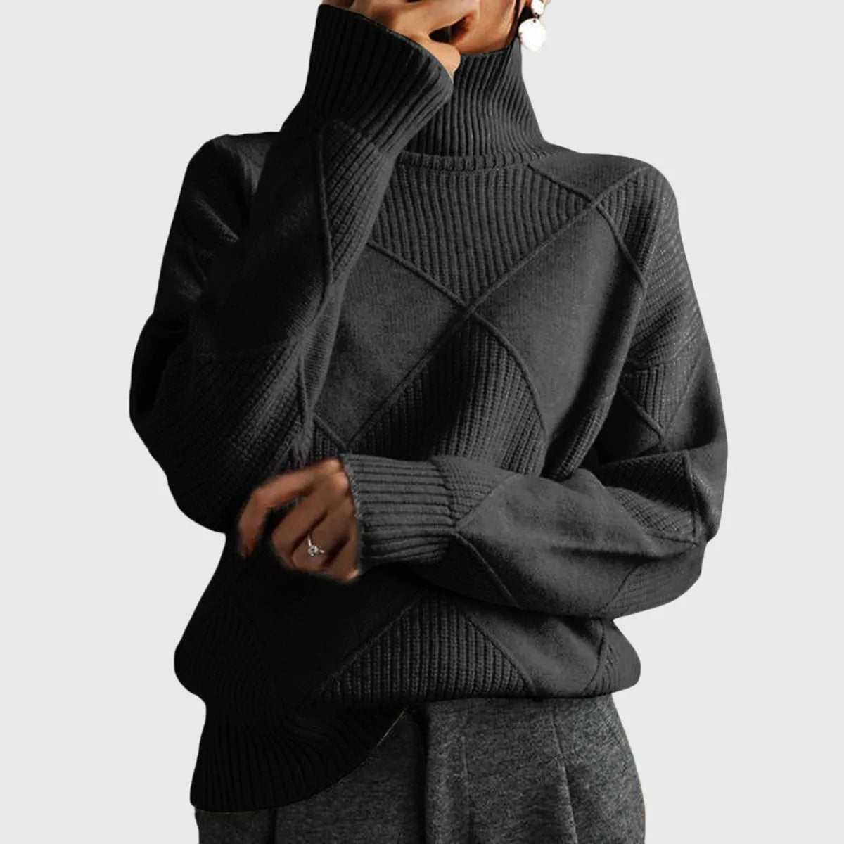 Women's knit roll neck sweater with textured diamond