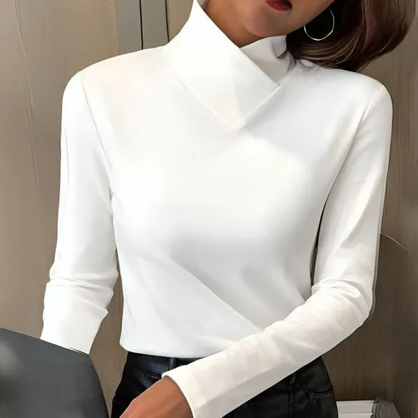 Women's knit stand collar sweater with asymmetric v-neck