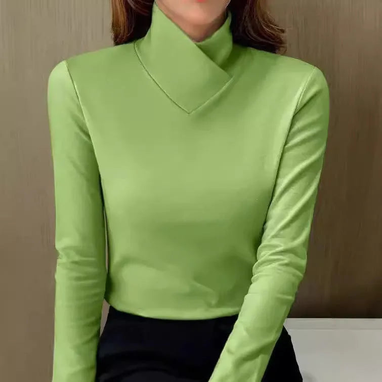 Women's knit stand collar sweater with asymmetric v-neck