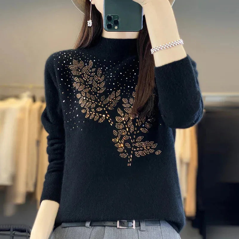 Women's knit stand collar sweater with rhinestone leaf embellishment