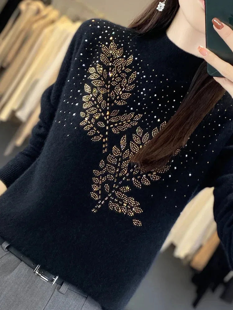 Women's knit stand collar sweater with rhinestone leaf embellishment