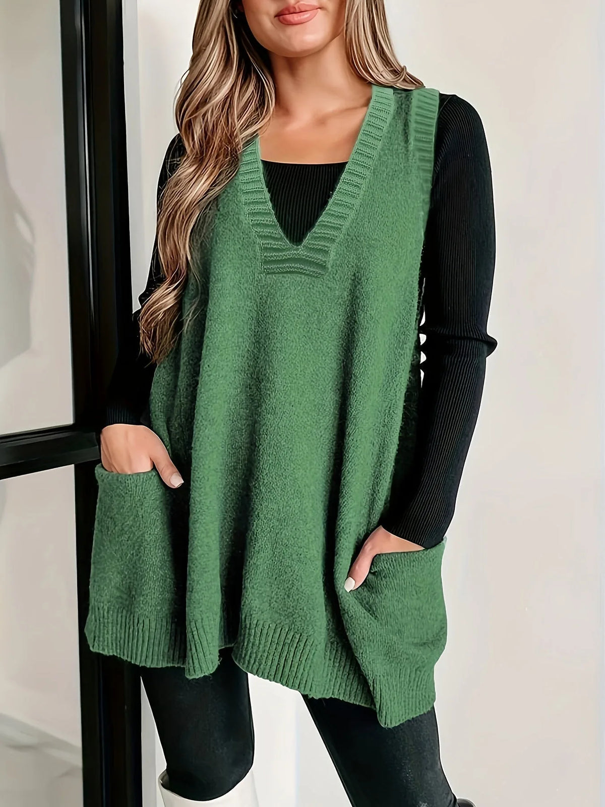 Women's knit v-neck sweater with front patch pockets