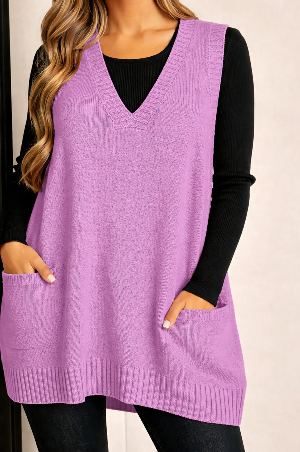 Women's knit v-neck sweater with front patch pockets