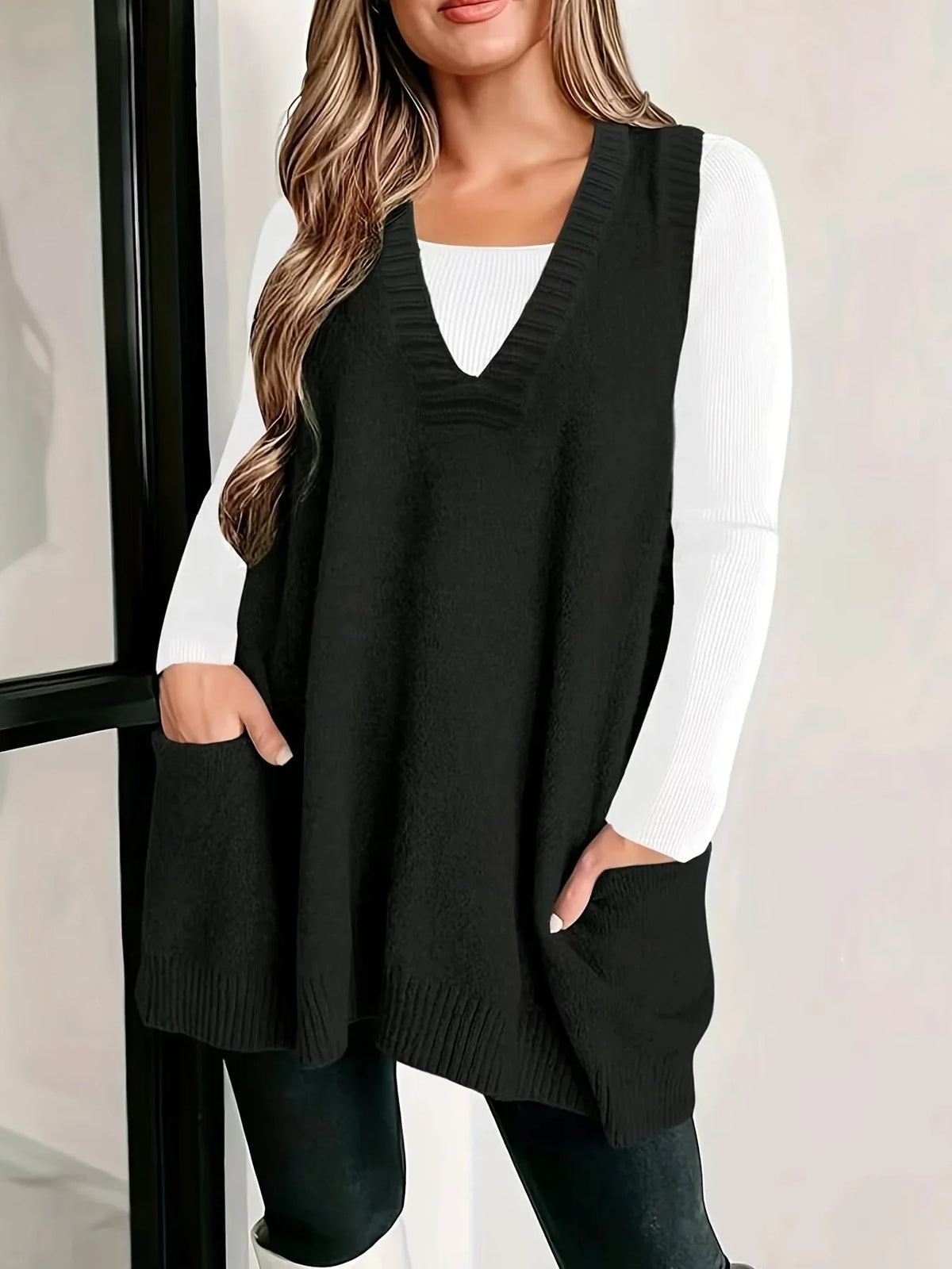 Women's knit v-neck sweater with front patch pockets
