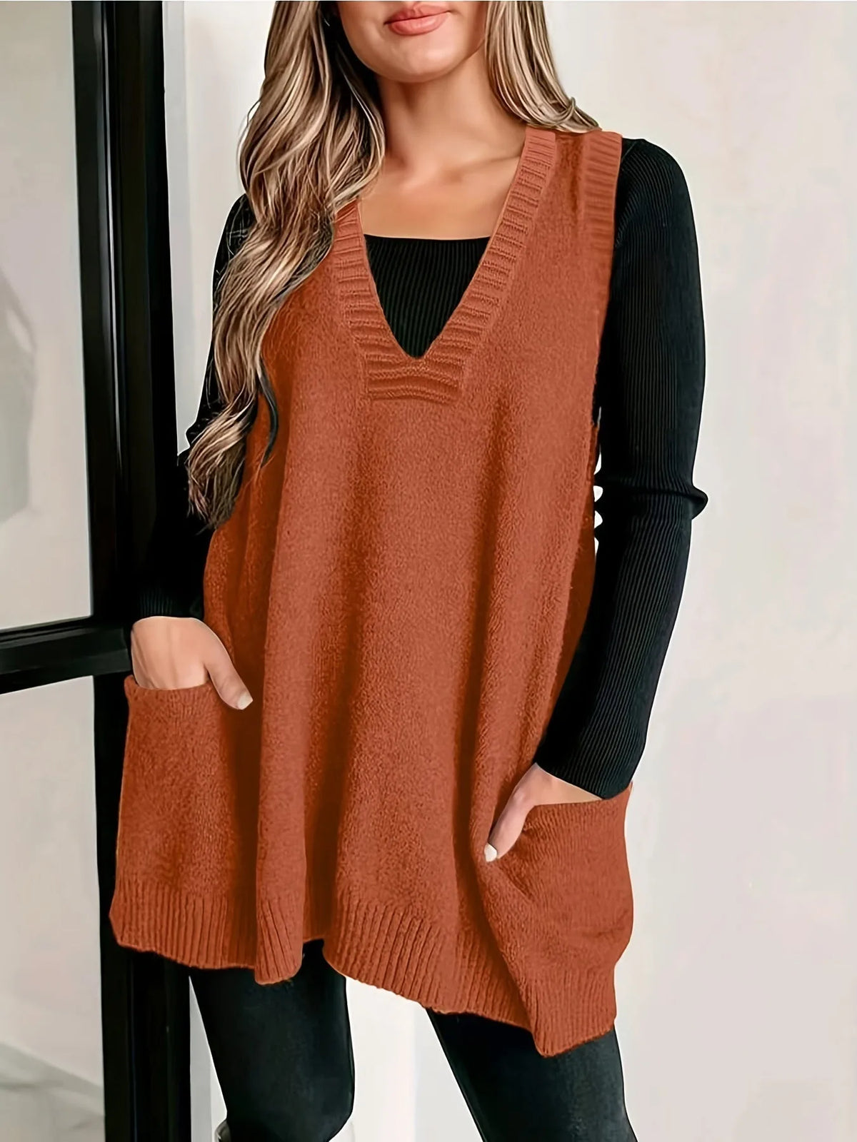 Women's knit v-neck sweater with front patch pockets