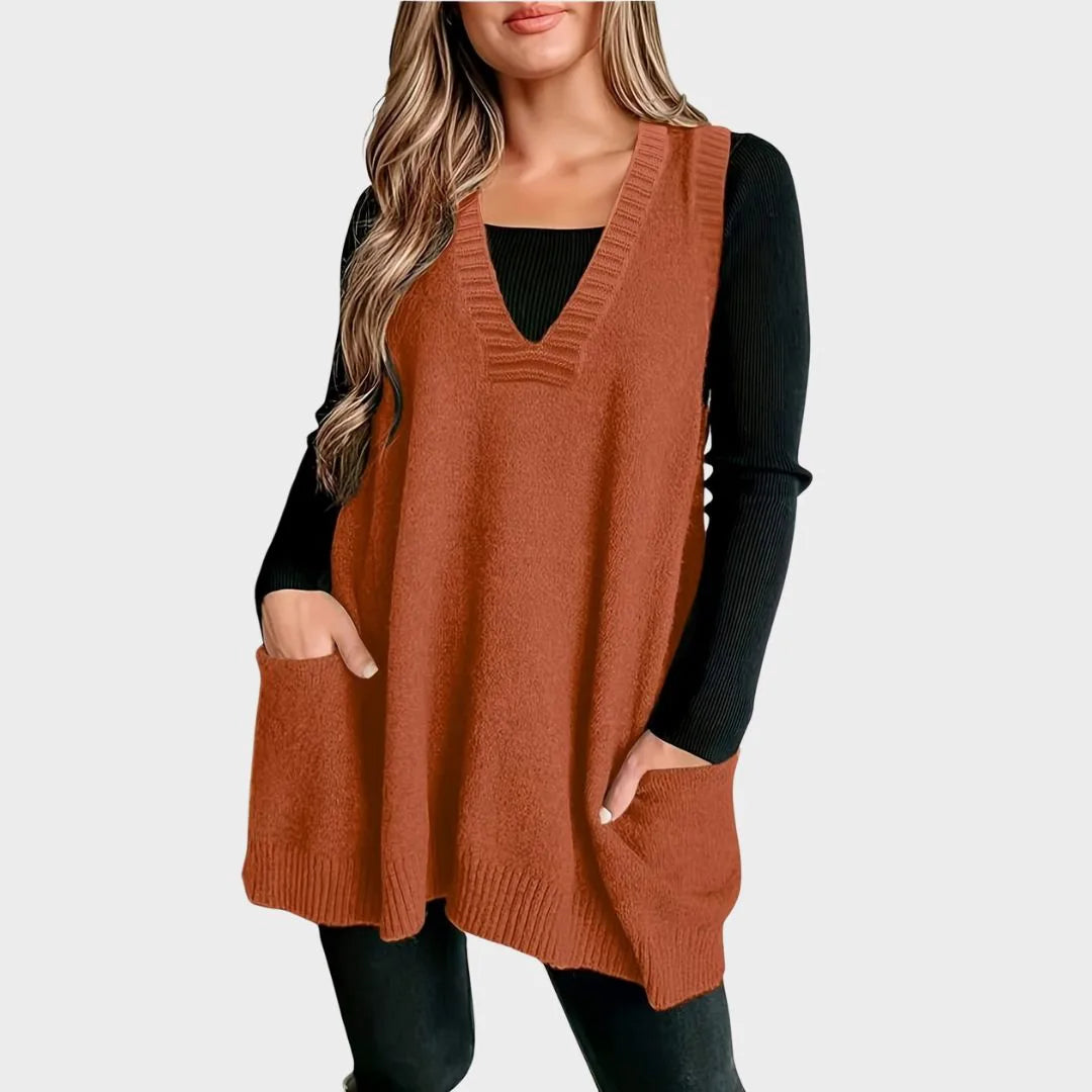 Women's knit v-neck sweater with front patch pockets