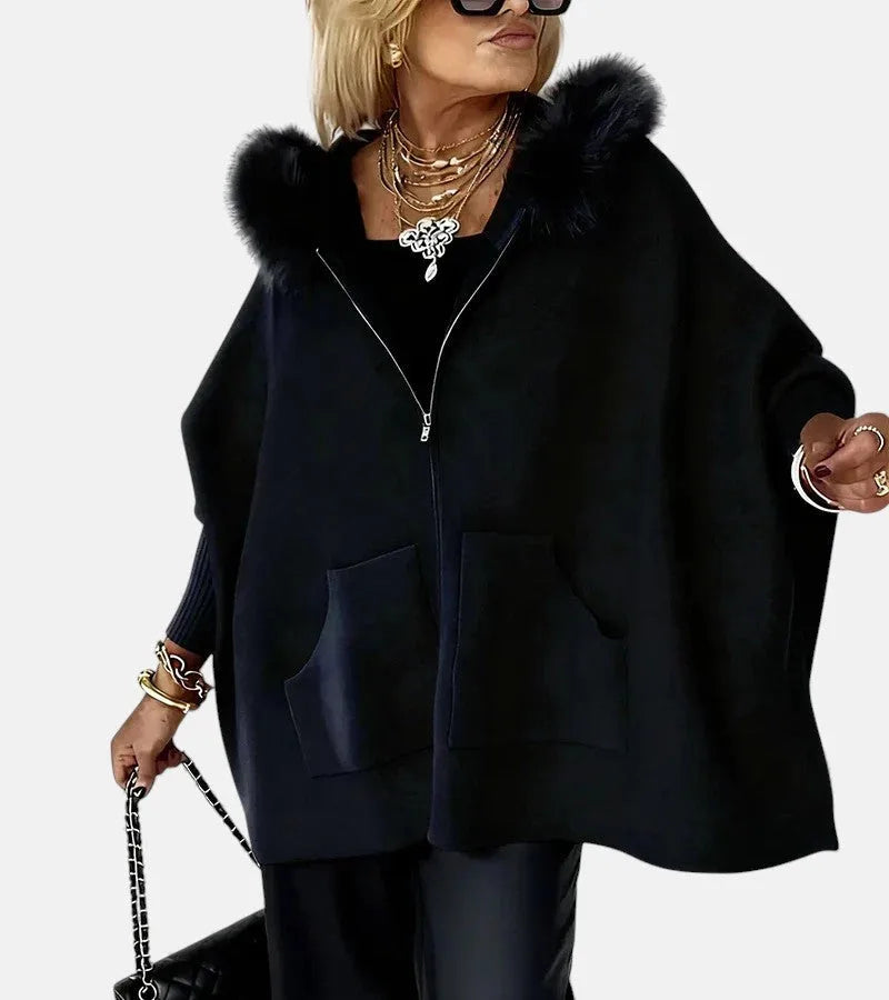 Women's knit zip-up fur cape with front patch pockets