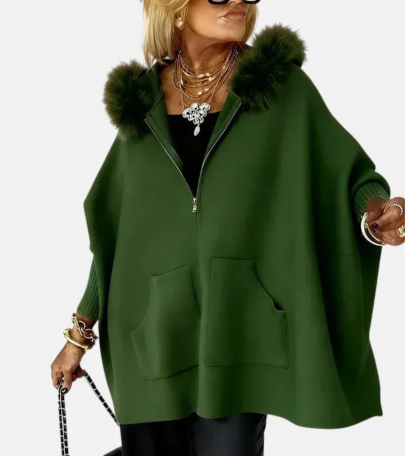 Women's knit zip-up fur cape with front patch pockets