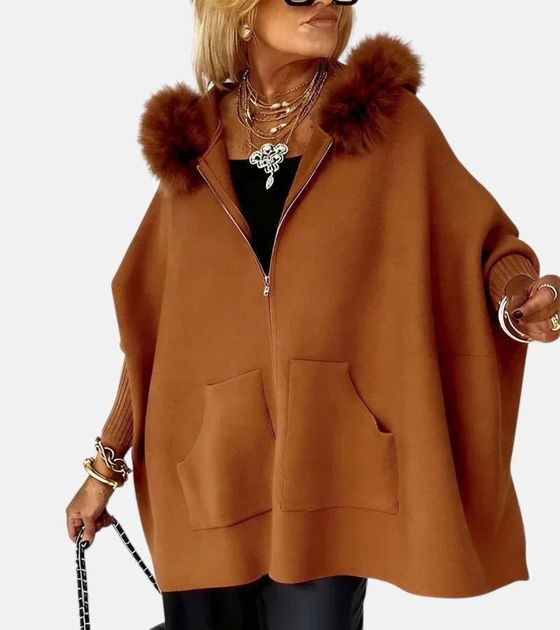 Women's knit zip-up fur cape with front patch pockets