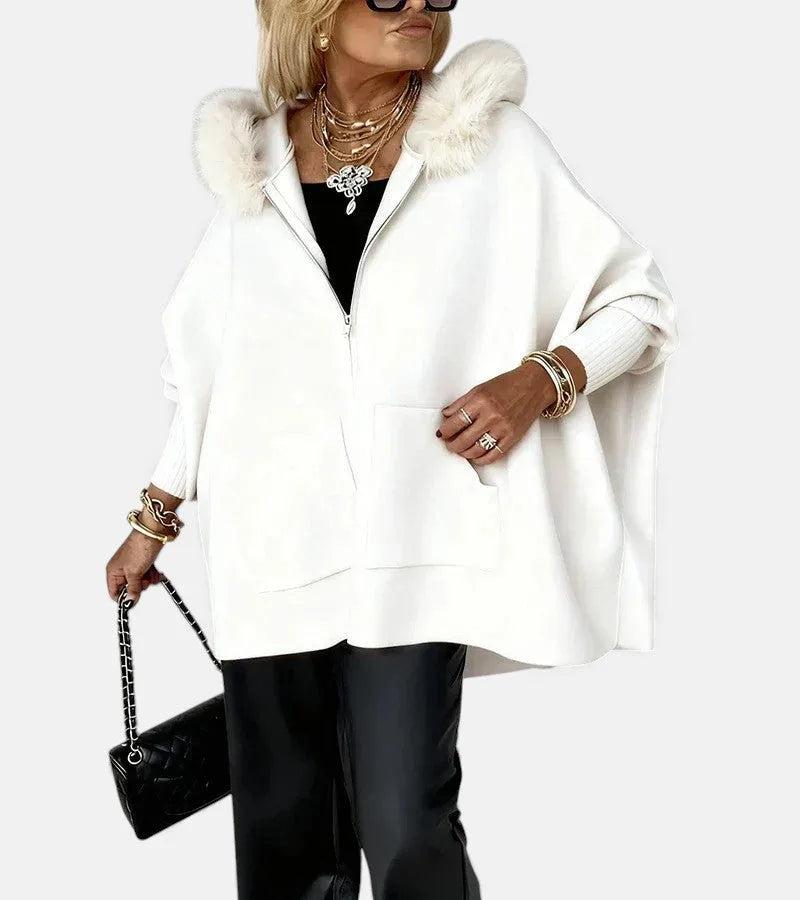 Women's knit zip-up fur cape with front patch pockets