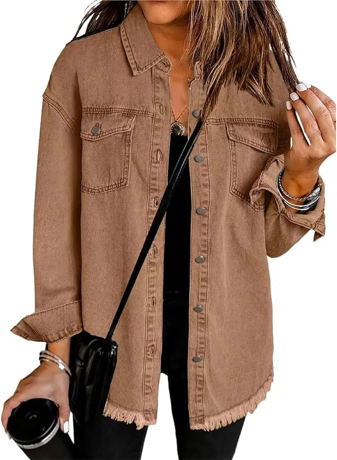 Women's longline button-front collared denim jacket with frayed hem