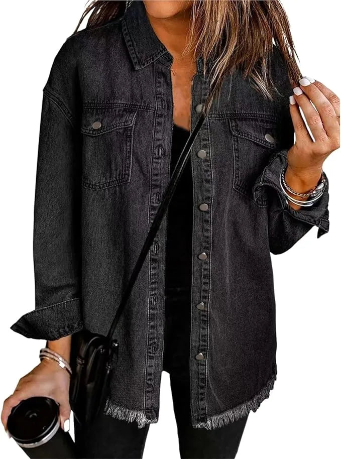 Women's longline button-front collared denim jacket with frayed hem