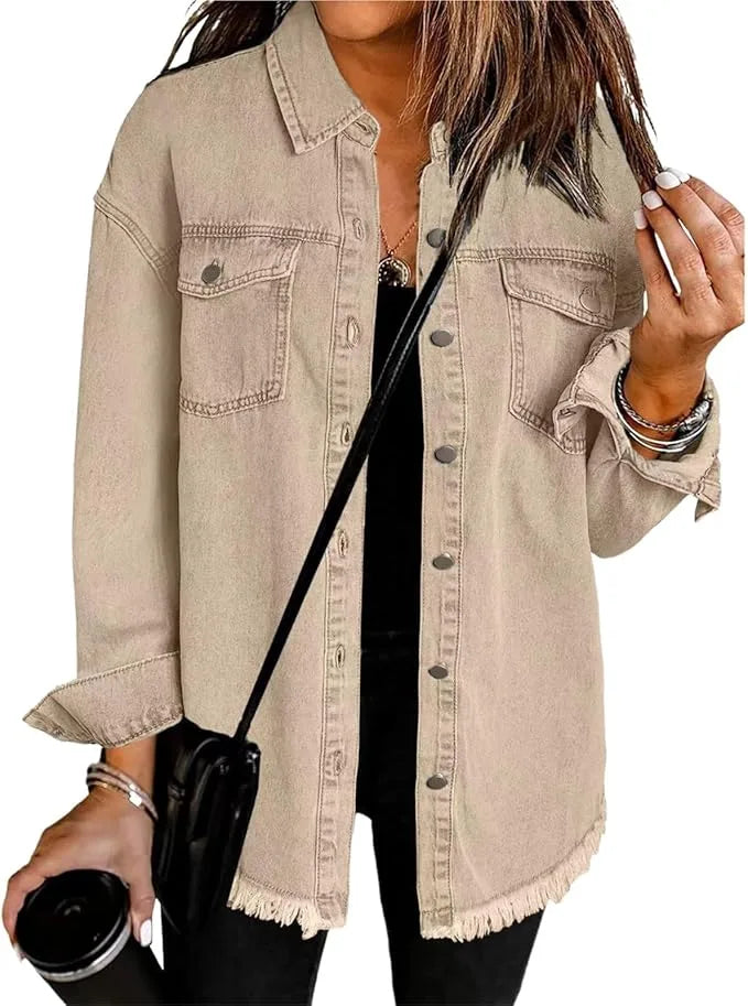 Women's longline button-front collared denim jacket with frayed hem