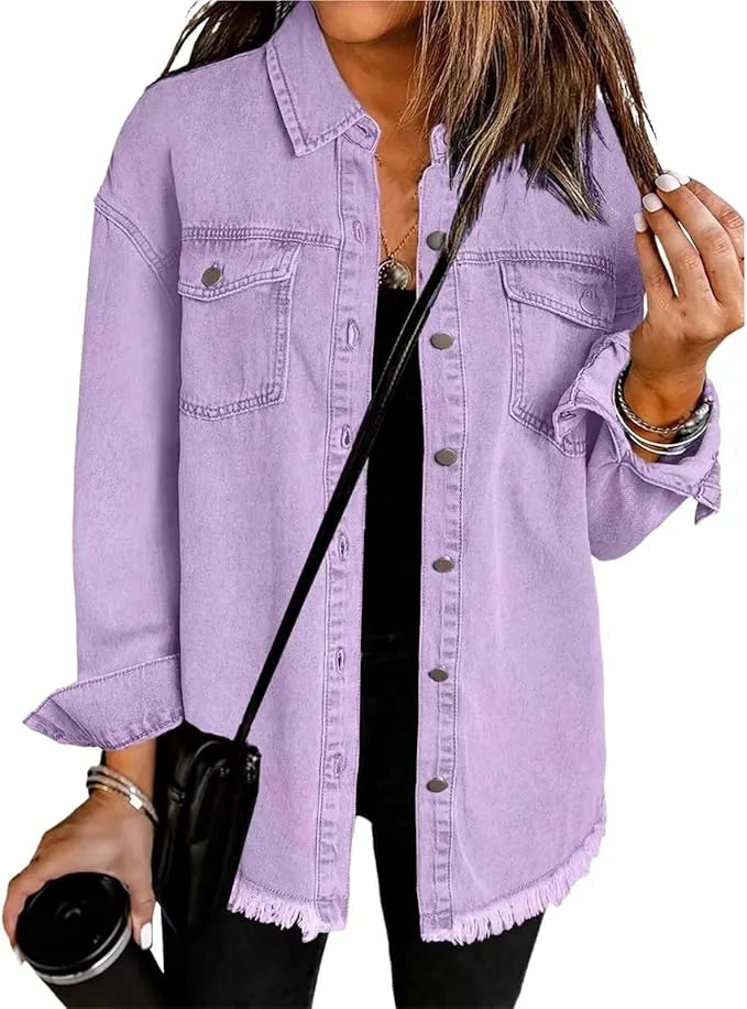Women's longline button-front collared denim jacket with frayed hem
