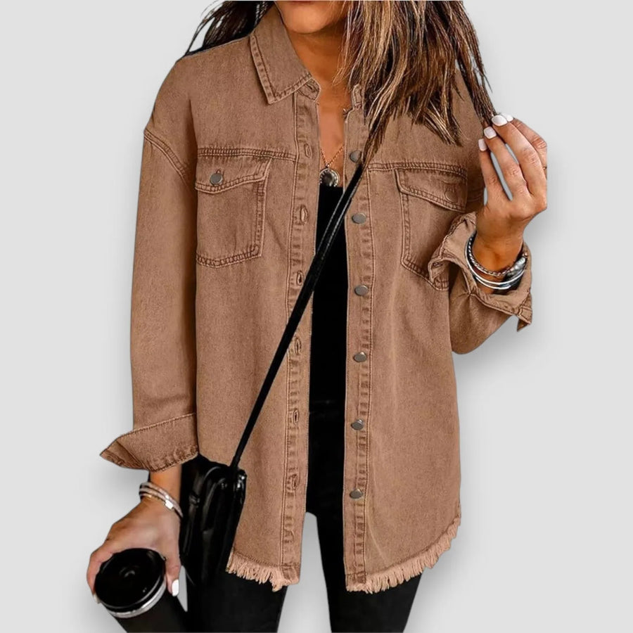 Women's longline button-front collared denim jacket with frayed hem