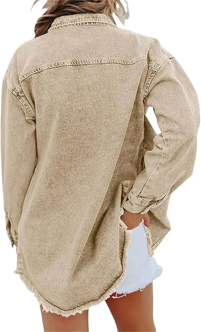 Women's longline button-front collared denim jacket with frayed hem