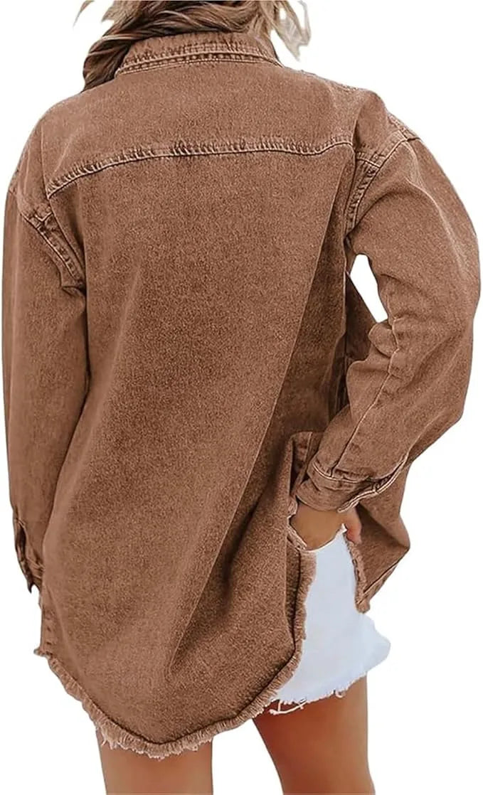 Women's longline button-front collared denim jacket with frayed hem