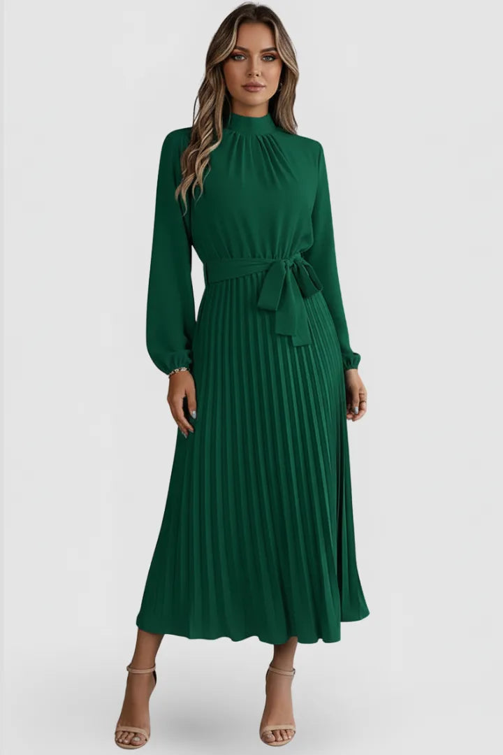 Women's Mock Neck Long Sleeve Pleated Midi Dress