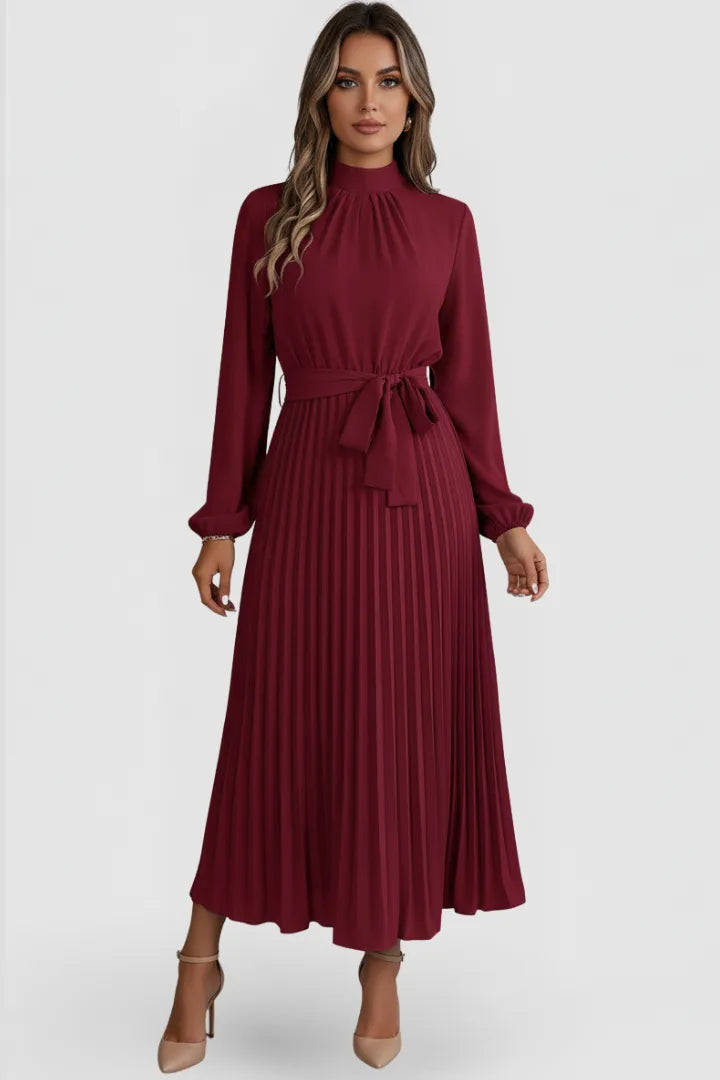 Women's Mock Neck Long Sleeve Pleated Midi Dress