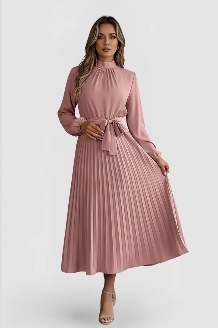 Women's Mock Neck Long Sleeve Pleated Midi Dress