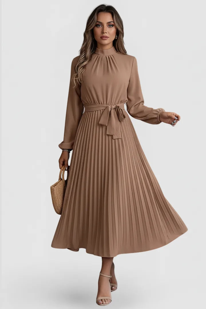 Women's Mock Neck Long Sleeve Pleated Midi Dress