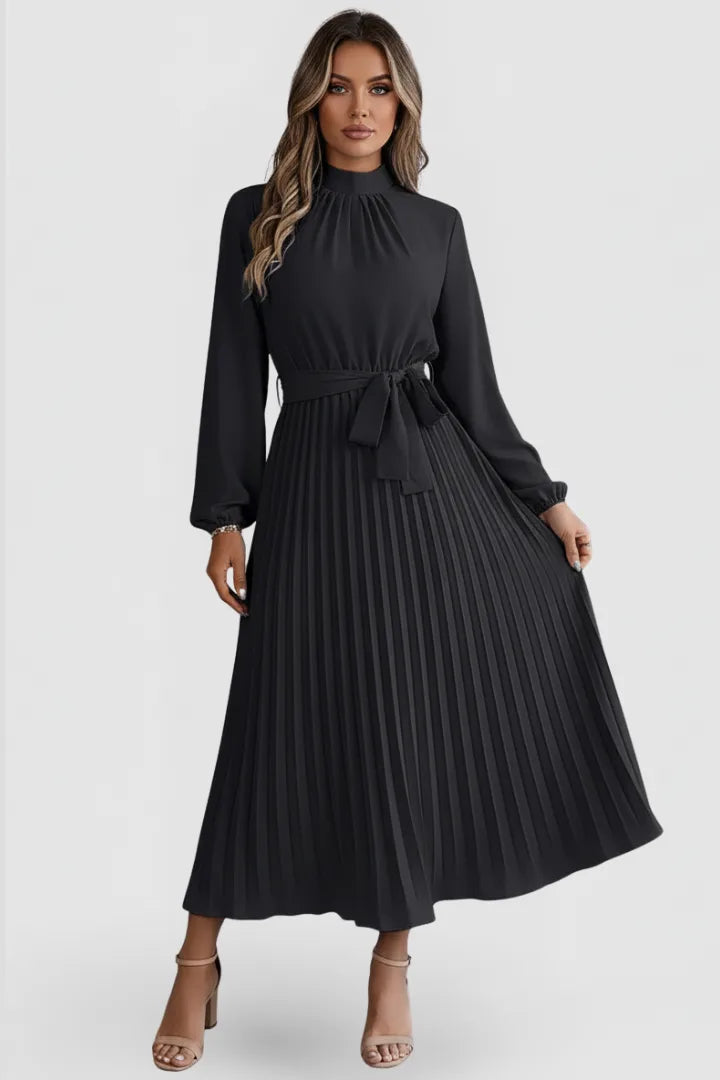 Women's Mock Neck Long Sleeve Pleated Midi Dress