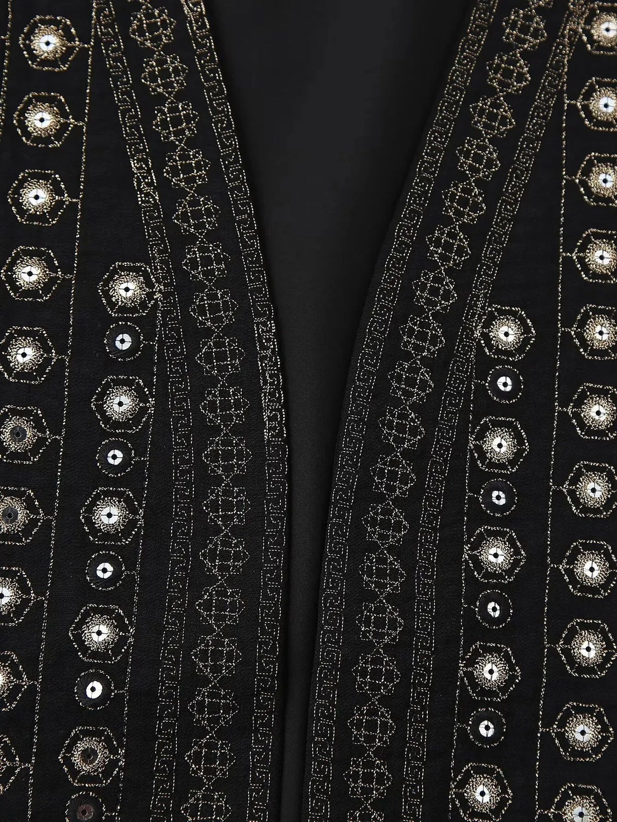 Women's open-front v-neck top with mirror work embroidery