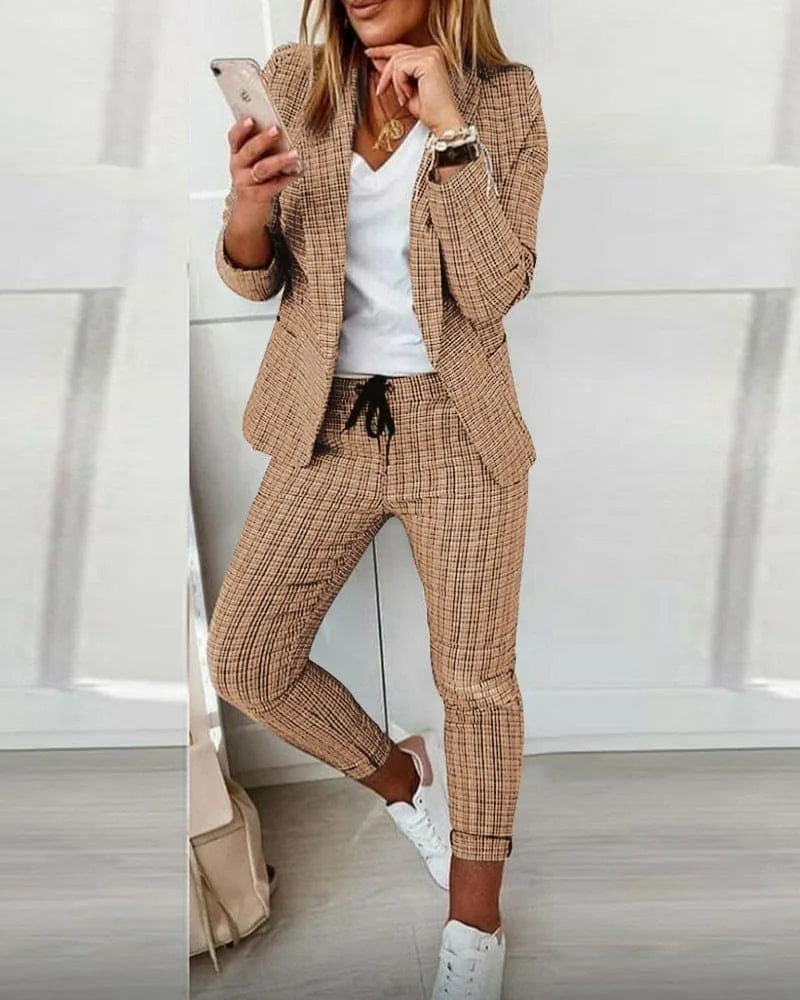 Women's Plaid Blazer Set Long Sleeve Jacket Slim Pants Suit