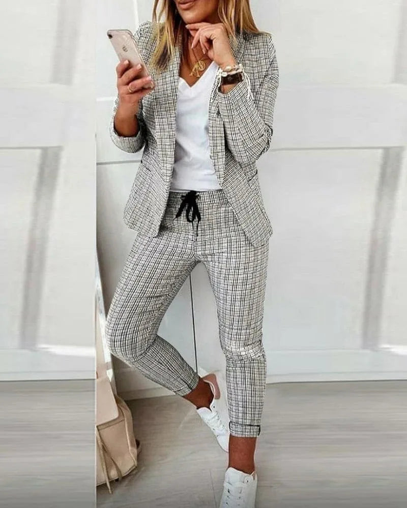 Women's Plaid Blazer Set Long Sleeve Jacket Slim Pants Suit