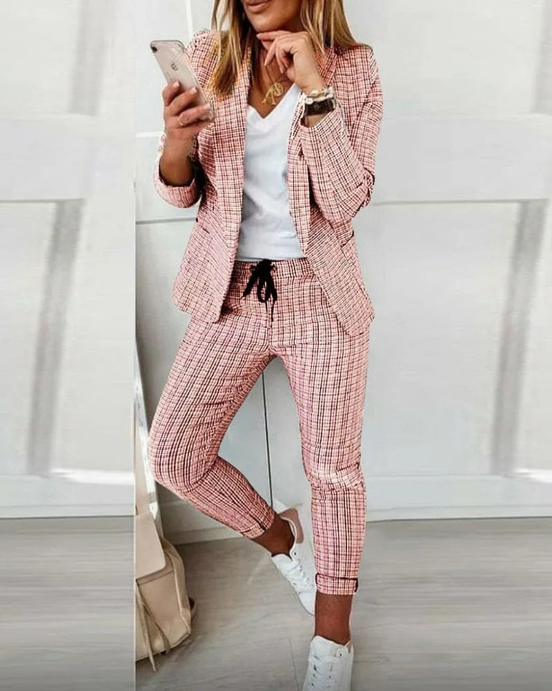 Women's Plaid Blazer Set Long Sleeve Jacket Slim Pants Suit