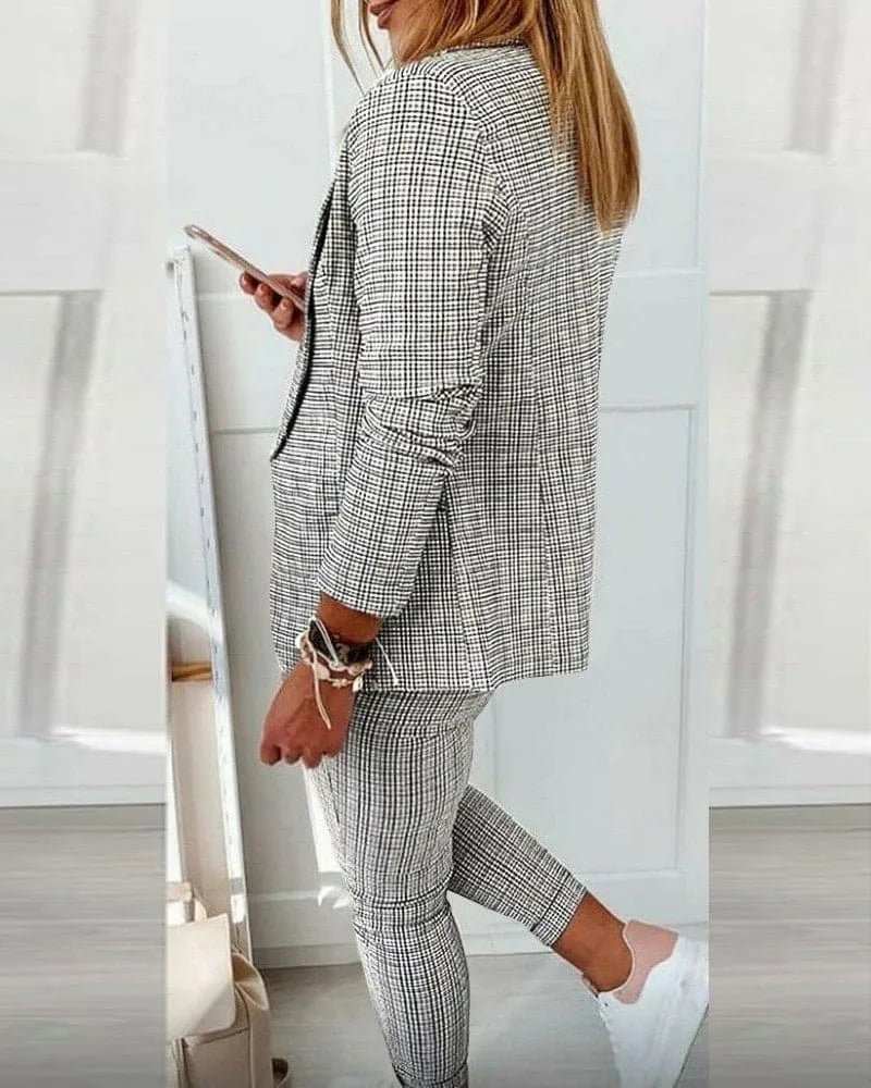Women's Plaid Blazer Set Long Sleeve Jacket Slim Pants Suit