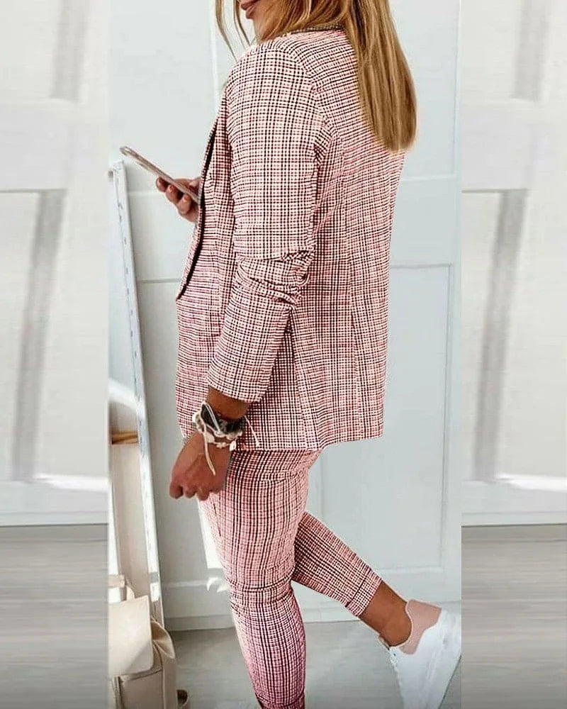 Women's Plaid Blazer Set Long Sleeve Jacket Slim Pants Suit