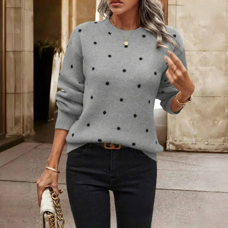 Women's polka dot knit crew neck sweater with small dots