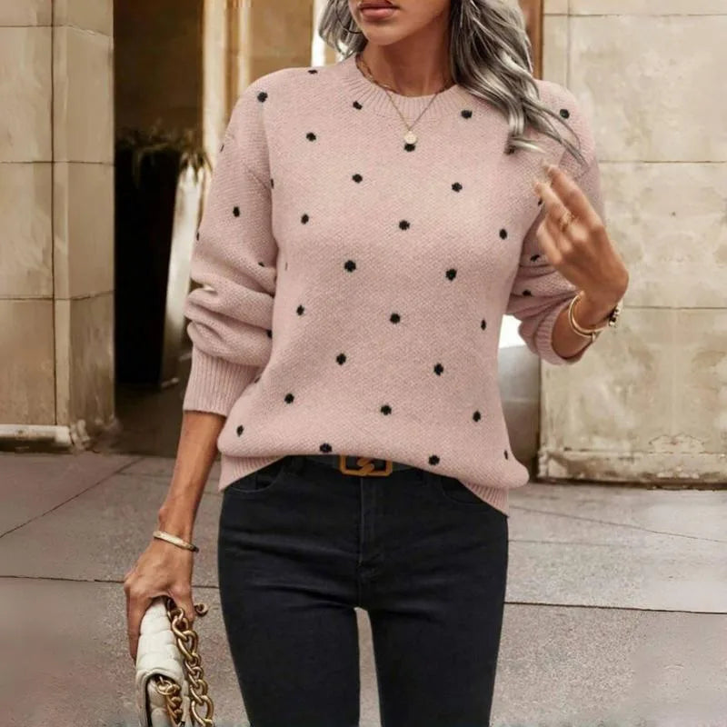 Women's polka dot knit crew neck sweater with small dots