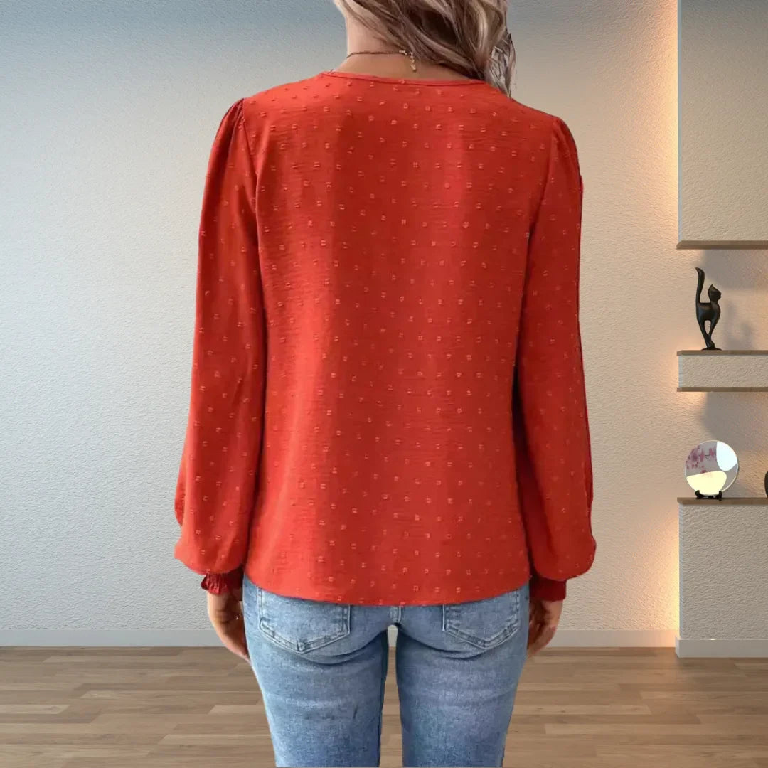 Women's polka dot v-neck blouse with lace applique front