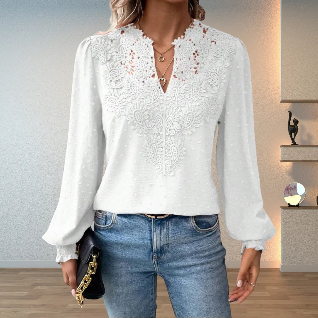 Women's polka dot v-neck blouse with lace applique front