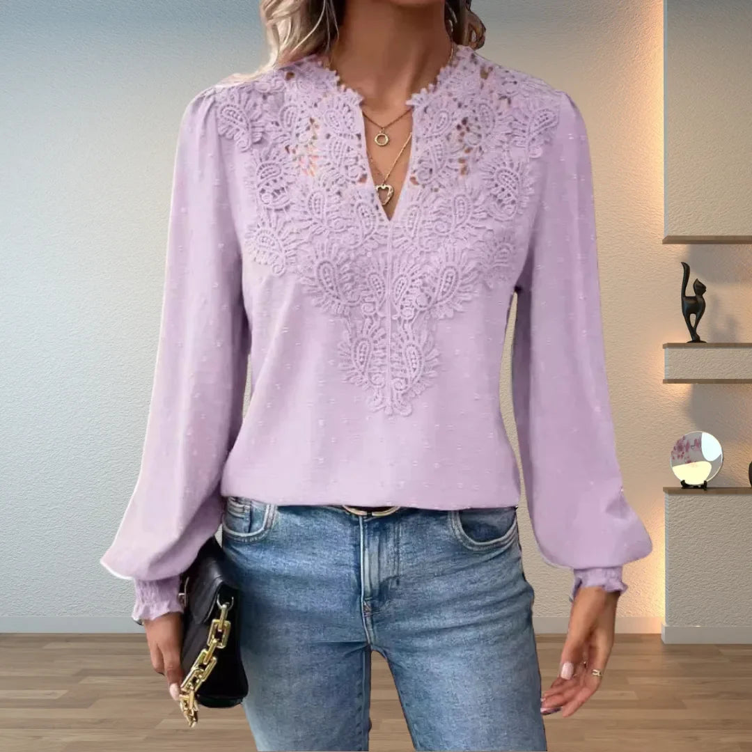 Women's polka dot v-neck blouse with lace applique front