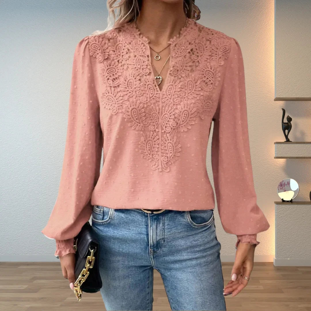 Women's polka dot v-neck blouse with lace applique front