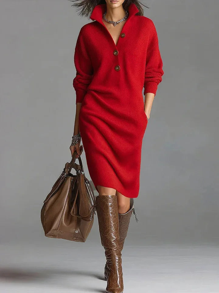 Women's ribbed button-front collared sweater dress with side pockets