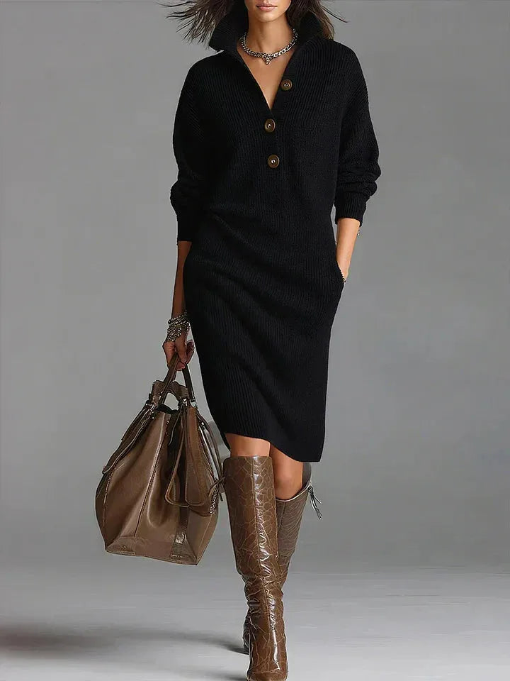 Women's ribbed button-front collared sweater dress with side pockets