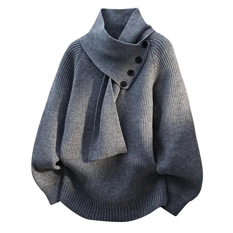 Women's ribbed button-front stand collar sweater with integrated scarf