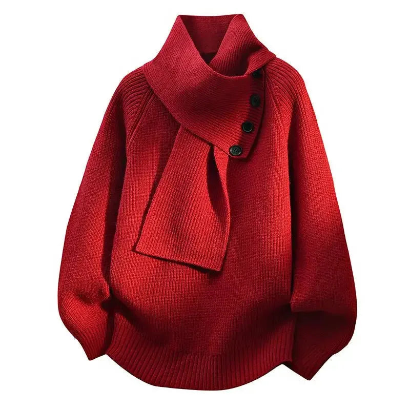 Women's ribbed button-front stand collar sweater with integrated scarf