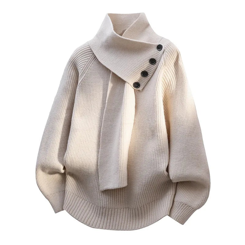 Women's ribbed button-front stand collar sweater with integrated scarf