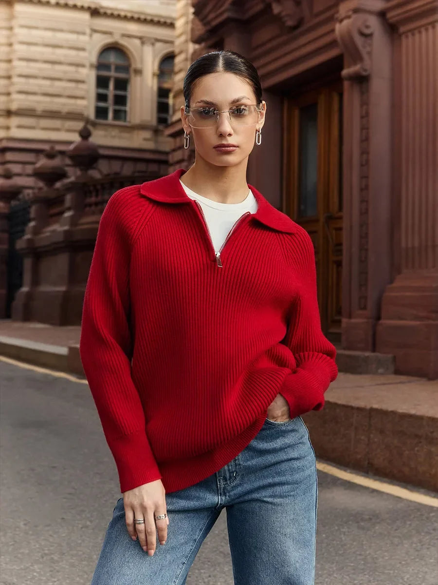 Women's ribbed collared half zip sweater